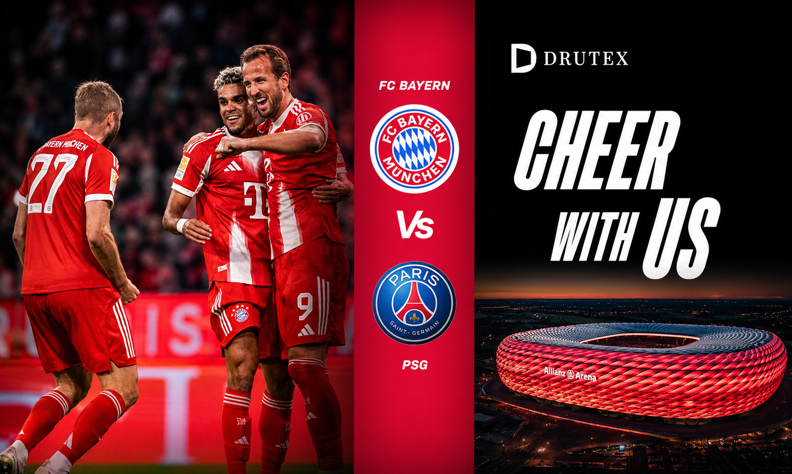 DRUTEX Grafik mit FC-Bayern-Spielern, Vereinslogos und beleuchtetem Fußballstadion