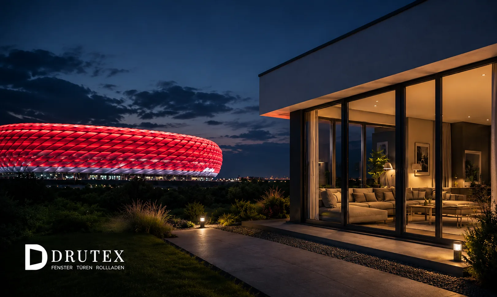 DRUTEX Fenster an modernem Wohnhaus mit beleuchtetem Stadion im Hintergrund