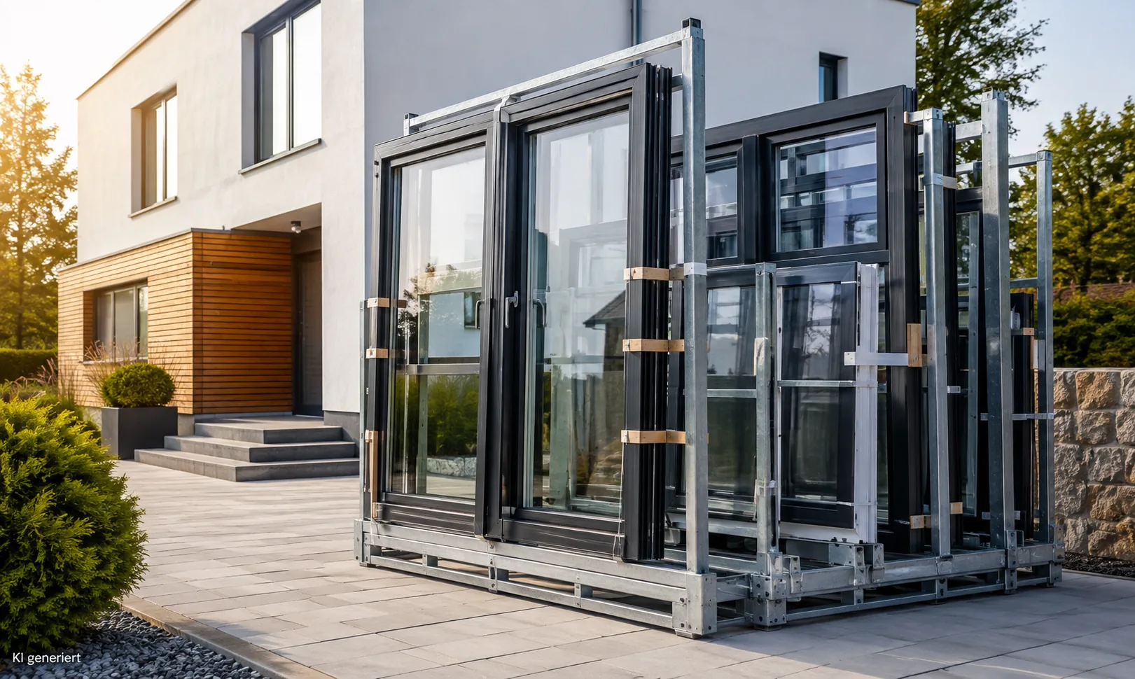 Fenster im Transportgestell vor einem Wohnhaus