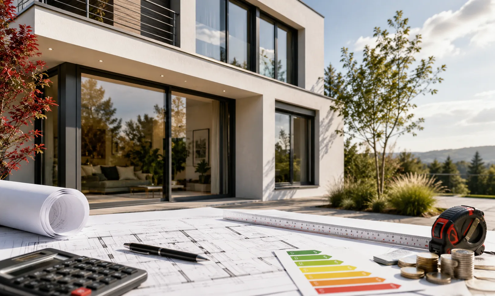 Planung neuer Fenster mit Bauplan, Maßband und Kostenkalkulation